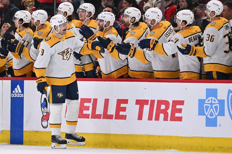 Apr 12, 2024; Chicago, Illinois, USA; Nashville Predators forward Filip Forsberg (9) celebrates with the bench after scoring a goal in the second period against the Chicago Blackhawks at United Center. Mandatory Credit: Jamie Sabau-USA TODAY Sports