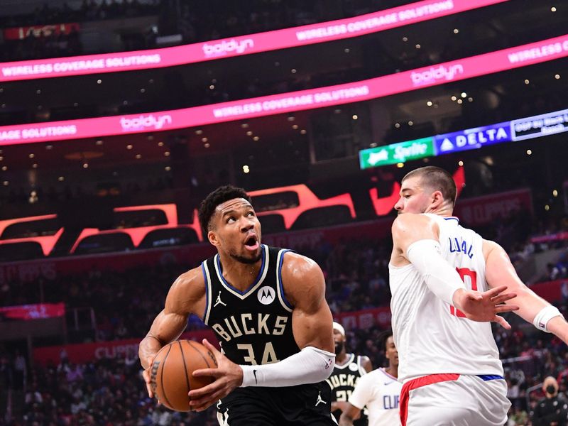 LOS ANGELES, CA - MARCH 10:  Giannis Antetokounmpo #34 of the Milwaukee Bucks drives to the basket during the game against the LA Clippers on March 10, 2024 at Crypto.Com Arena in Los Angeles, California. NOTE TO USER: User expressly acknowledges and agrees that, by downloading and/or using this Photograph, user is consenting to the terms and conditions of the Getty Images License Agreement. Mandatory Copyright Notice: Copyright 2024 NBAE (Photo by Adam Pantozzi/NBAE via Getty Images)