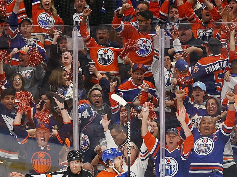May 29, 2024; Edmonton, Alberta, CAN;   Edmonton Oilers forward Mattias Janmark (13) celebrates after scoring a goal against the Dallas Stars during the second period in game four of the Western Conference Final of the 2024 Stanley Cup Playoffs at Rogers Place. Mandatory Credit: Perry Nelson-USA TODAY Sports