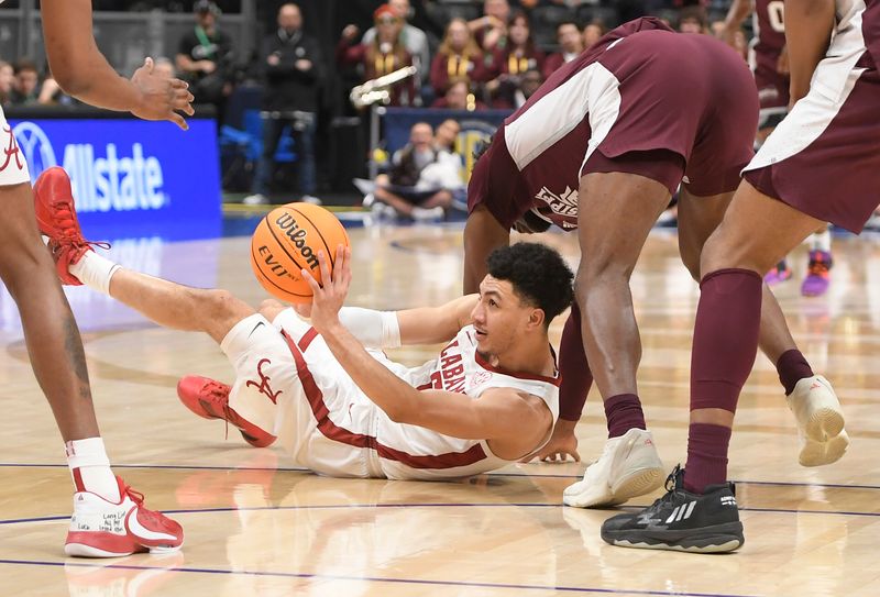 bbMar 10, 2023; Nashville, TN, USAAlabama Crimson Tide guard Mark Sears (1) dives for the loose ball against the Mississippi State Bulldogs ;  during the first half at Bridgestone Arena. Mandatory Credit: Steve Roberts-USA TODAY Sports