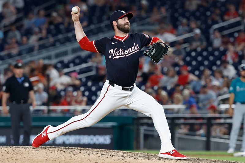 May 24, 2024; Washington, District of Columbia, USA; Washington Nationals relief pitcher Dylan Floro (44) pitches against the Seattle Mariners during the ninth inning at Nationals Park. Mandatory Credit: Geoff Burke-USA TODAY Sports