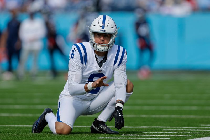 Indianapolis Colts punter Rigoberto Sanchez (8) warms up prior to an NFL football game against the Tennessee Titans, Sunday, Oct. 13, 2024, in Nashville, Tenn. (AP Photo/Stew Milne)