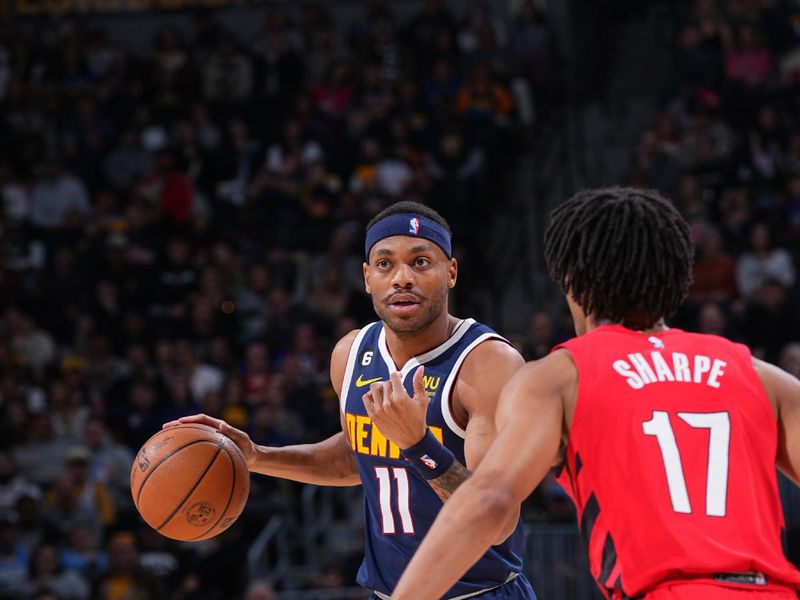 DENVER, CO - JANUARY 17: Bruce Brown #11 of the Denver Nuggets dribbles the ball during the game against the Portland Trail Blazers on January 17, 2023 at the Ball Arena in Denver, Colorado. NOTE TO USER: User expressly acknowledges and agrees that, by downloading and/or using this Photograph, user is consenting to the terms and conditions of the Getty Images License Agreement. Mandatory Copyright Notice: Copyright 2023 NBAE (Photo by Bart Young/NBAE via Getty Images)