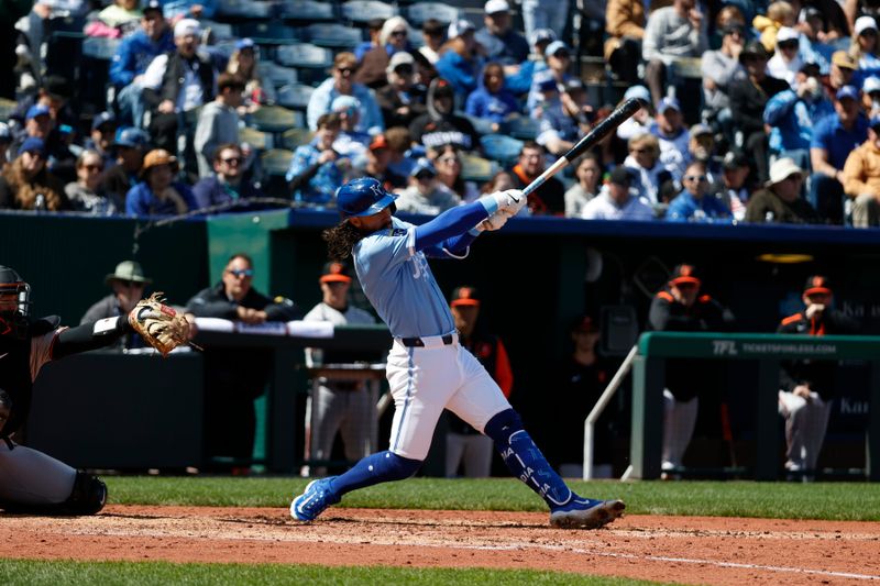 Apr 6, 2025; Kansas City, Missouri, USA;  Kansas City Royals second base Jonathan India (6) hits the ball at Kauffman Stadium. Mandatory Credit: Gary Rohman-Imagn Images