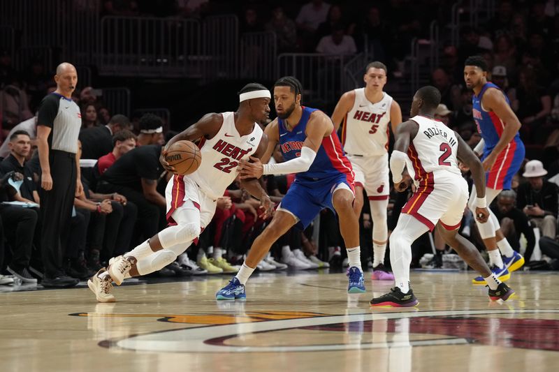 MIAMI, FL - OCTOBER 28:  Jimmy Butler #22 of the Miami Heat dribbles the ball during the game against the Detroit Pistons on October 28, 2024 at Kaseya Center in Miami, Florida. NOTE TO USER: User expressly acknowledges and agrees that, by downloading and or using this Photograph, user is consenting to the terms and conditions of the Getty Images License Agreement. Mandatory Copyright Notice: Copyright 2024 NBAE (Photo by Eric Espada/NBAE via Getty Images)