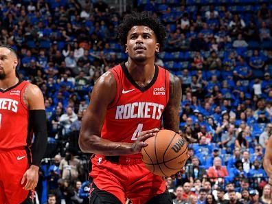 ORLANDO, FL - OCTOBER 25: Jalen Green #4 of the Houston Rockets shoots a free throw during the game against the Orlando Magic on October 25, 2023 at Amway Center in Orlando, Florida. NOTE TO USER: User expressly acknowledges and agrees that, by downloading and or using this photograph, User is consenting to the terms and conditions of the Getty Images License Agreement. Mandatory Copyright Notice: Copyright 2023 NBAE (Photo by Fernando Medina/NBAE via Getty Images)