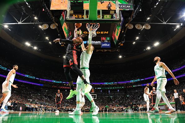 BOSTON, MA - OCTOBER 27: Bam Adebayo #13 of the Miami Heat drives to the basket during the game against the Boston Celtics on October 27, 2023 at the TD Garden in Boston, Massachusetts. NOTE TO USER: User expressly acknowledges and agrees that, by downloading and or using this photograph, User is consenting to the terms and conditions of the Getty Images License Agreement. Mandatory Copyright Notice: Copyright 2023 NBAE  (Photo by Brian Babineau/NBAE via Getty Images)