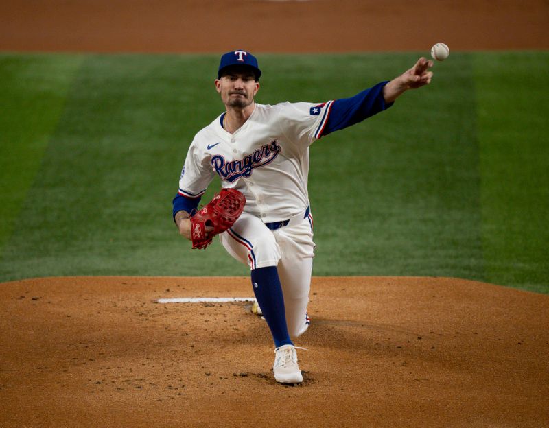 Aug 21, 2024; Arlington, Texas, USA; Texas Rangers starting pitcher Andrew Heaney (44) pitches against the Pittsburgh Pirates during the first inning at Globe Life Field. Mandatory Credit: Jerome Miron-USA TODAY Sports