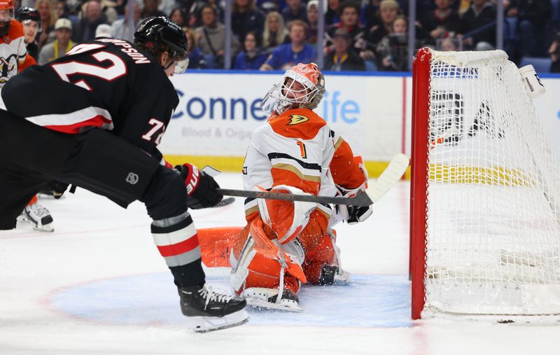 Jan 10, 2026; Buffalo, New York, USA;  Buffalo Sabres center Tage Thompson (72) scores a goal on Anaheim Ducks goaltender Lukas Dostal (1) during the second period at KeyBank Center. Mandatory Credit: Timothy T. Ludwig-Imagn Images