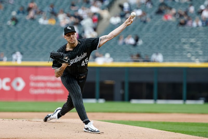 Apr 29, 2024; Chicago, Illinois, USA; Chicago White Sox starting pitcher Garrett Crochet (45) delivers a pitch against the Minnesota Twins during the first inning at Guaranteed Rate Field. Mandatory Credit: Kamil Krzaczynski-USA TODAY Sports