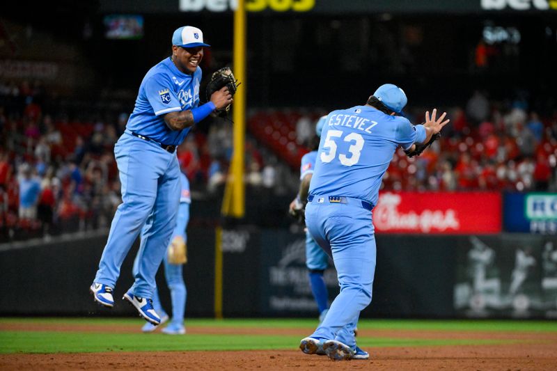 Jun 5, 2025; St. Louis, Missouri, USA;  Kansas City Royals relief pitcher Carlos Estevez (53) celebrates with first baseman Salvador Perez (13) after the Royals defeated the St. Louis Cardinals at Busch Stadium. Mandatory Credit: Jeff Curry-Imagn Images