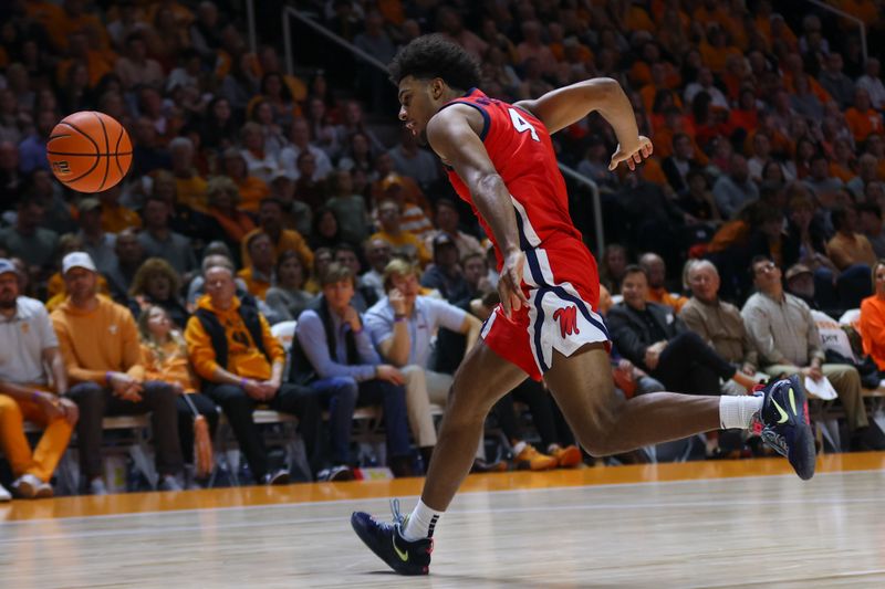 Jan 6, 2024; Knoxville, Tennessee, USA; Mississippi Rebels forward Jaemyn Brakefield (4) tries to chase down a pass during the second half against the Tennessee Volunteers at Thompson-Boling Arena at Food City Center. Mandatory Credit: Randy Sartin-USA TODAY Sports