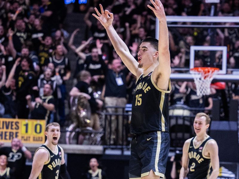 Feb 10, 2024; West Lafayette, Indiana, USA; Purdue Boilermakers center Zach Edey (15) celebrates a made basket in the second half against the Indiana Hoosiers at Mackey Arena. Mandatory Credit: Trevor Ruszkowski-USA TODAY Sports