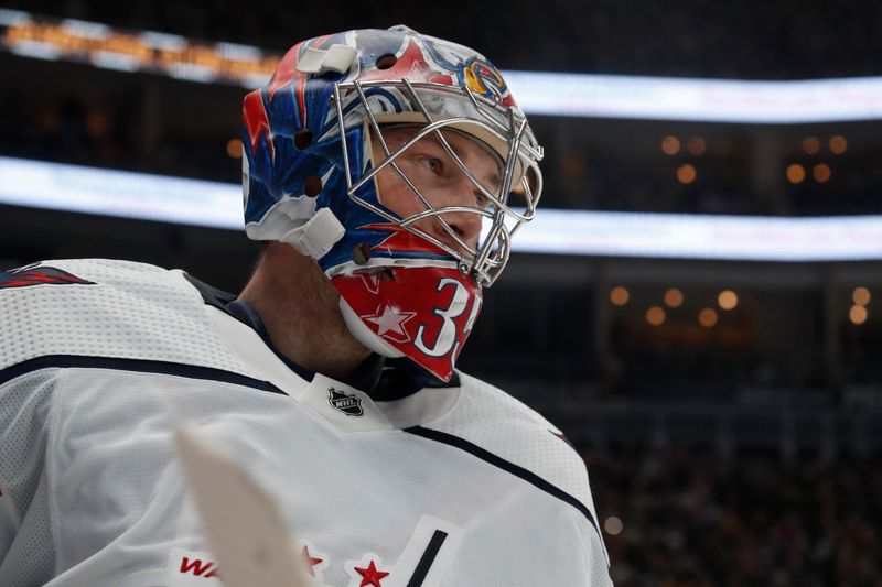 Jan 2, 2024; Pittsburgh, Pennsylvania, USA;  Washington Capitals goaltender Darcy Kuemper (35) looks on against the Pittsburgh Penguins during the first period at PPG Paints Arena. Mandatory Credit: Charles LeClaire-USA TODAY Sports