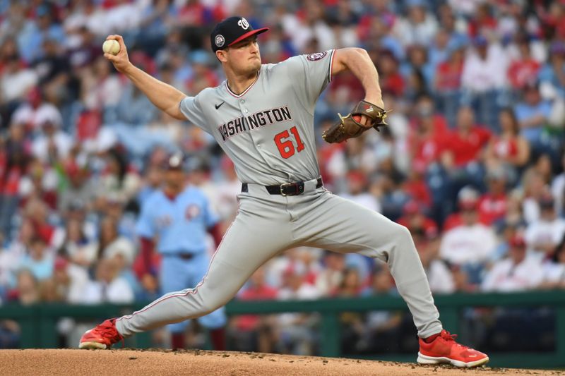 May 1, 2025; Philadelphia, Pennsylvania, USA; Washington Nationals pitcher Brad Lord (61) throws a pitch during the second inning against the Philadelphia Phillies at Citizens Bank Park. Mandatory Credit: Eric Hartline-Imagn Images