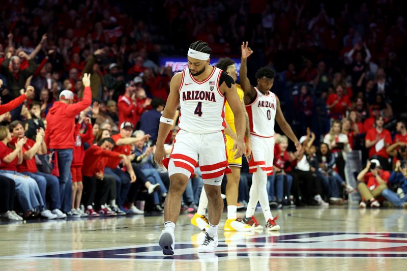 Feb 17, 2024; Tucson, Arizona, USA; Arizona Wildcats guard Kylan Boswell (4) celebrates after making a three point a basket against the Arizona State Sun Devils during the first half at McKale Center. Mandatory Credit: Zachary BonDurant-USA TODAY Sports