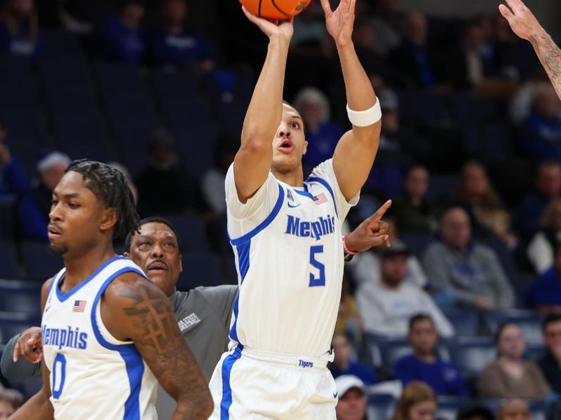 Dec 22, 2025; Memphis, Tennessee, USA; Alabama State Hornets guard Tyler Mack (5) shoots the ball against the Alabama State Hornets during the first half at FedExForum. Mandatory Credit: Wesley Hale-Imagn Images