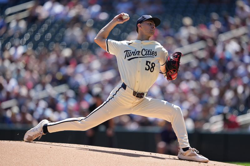 Aug 11, 2024; Minneapolis, Minnesota, USA; Minnesota Twins starting pitcher David Festa (58) delivers a pitch during the first inning against the Cleveland Guardians at Target Field. Mandatory Credit: Jordan Johnson-USA TODAY Sports