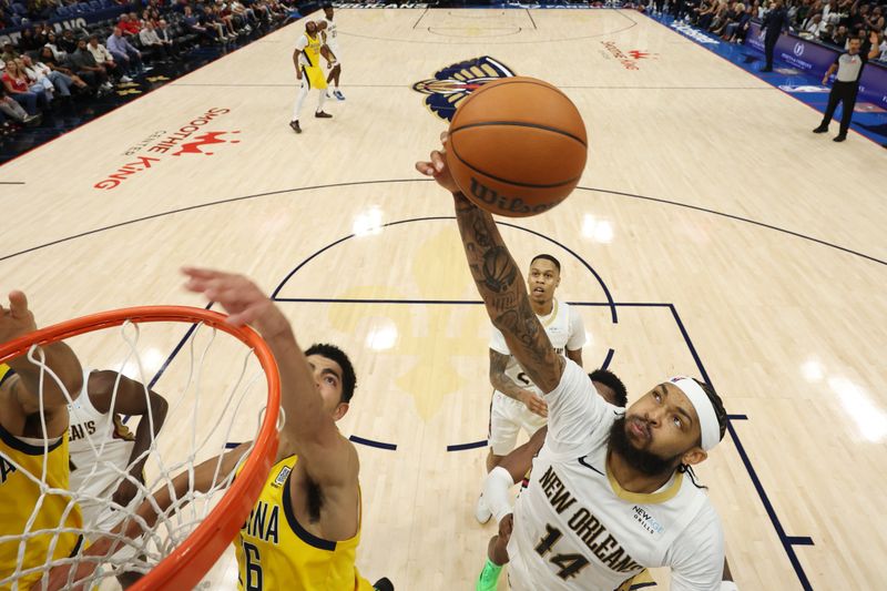 CHICAGO, IL - NOVEMBER 1: Brandon Ingram #14 of the New Orleans Pelicans drives to the basket during the game against the Indiana Pacers on November 1, 2024 at Smoothie King Center in New Orleans, Louisiana. NOTE TO USER: User expressly acknowledges and agrees that, by downloading and or using this photograph, User is consenting to the terms and conditions of the Getty Images License Agreement. Mandatory Copyright Notice: Copyright 2024 NBAE (Photo by Jeff Haynes/NBAE via Getty Images)