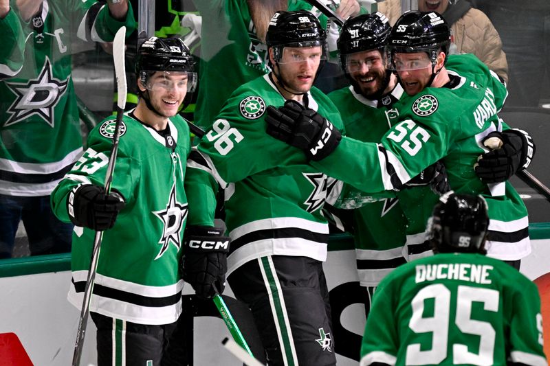May 3, 2025; Dallas, Texas, USA; Dallas Stars right wing Mikko Rantanen (96) and center Tyler Seguin (91) and center Wyatt Johnston (53) and center Matt Duchene (95) celebrates the game tying goal goal scored by Rantanen against the Colorado Avalanche during the third period in game seven of the first round of the 2025 Stanley Cup Playoffs at American Airlines Center. Mandatory Credit: Jerome Miron-Imagn Images