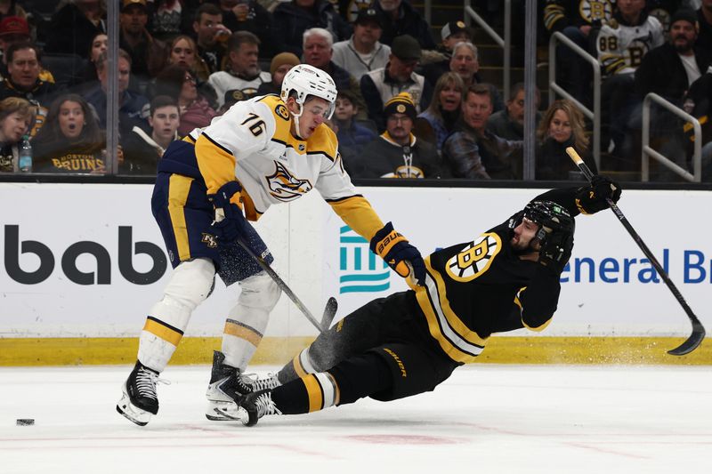 Jan 27, 2026; Boston, Massachusetts, USA; Nashville Predators defenseman Brady Skjei (76) knocks down Boston Bruins center Mark Kastelic (47) during the first period at TD Garden. Mandatory Credit: Winslow Townson-Imagn Images