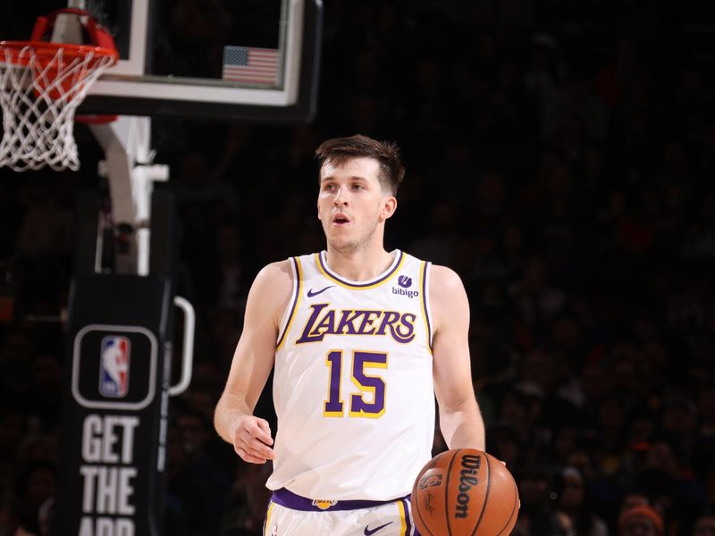 NEW YORK, NY - FEBRUARY 3: Austin Reaves #15 of the Los Angeles Lakers dribbles the ball during the game against the New York Knicks on February 3, 2024 at Madison Square Garden in New York City, New York.  NOTE TO USER: User expressly acknowledges and agrees that, by downloading and or using this photograph, User is consenting to the terms and conditions of the Getty Images License Agreement. Mandatory Copyright Notice: Copyright 2024 NBAE  (Photo by Nathaniel S. Butler/NBAE via Getty Images)