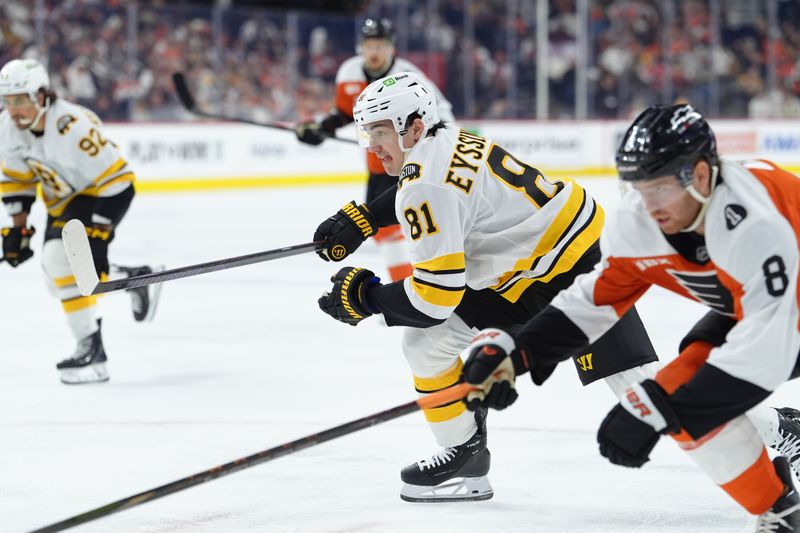 Feb 28, 2026; Philadelphia, Pennsylvania, USA; Boston Bruins center Michael Eyssimont (81) chases the puck against the Philadelphia Flyers in the first period at Xfinity Mobile Arena. Mandatory Credit: Kyle Ross-Imagn Images