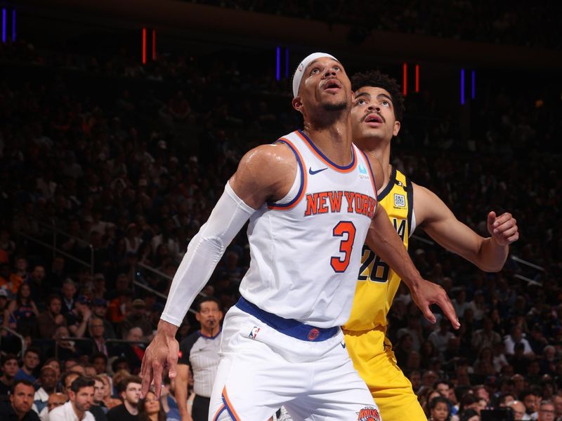 NEW YORK, NY - MAY 19: Josh Hart #3 of the New York Knicks boxes out during the game against the Indiana Pacers during Round 2 Game 7 of the 2024 NBA Playoffs on May 19, 2024 at Madison Square Garden in New York City, New York.  NOTE TO USER: User expressly acknowledges and agrees that, by downloading and or using this photograph, User is consenting to the terms and conditions of the Getty Images License Agreement. Mandatory Copyright Notice: Copyright 2024 NBAE  (Photo by Nathaniel S. Butler/NBAE via Getty Images)