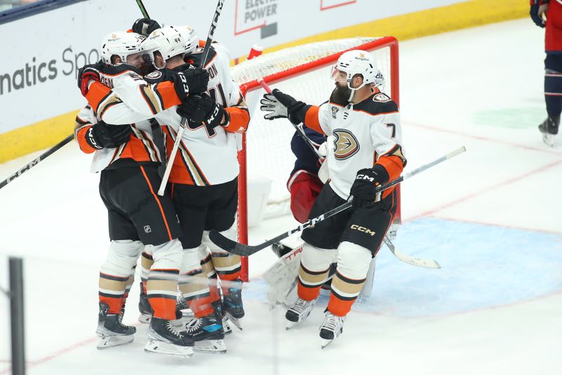 Oct 24, 2023; Columbus, Ohio, USA; Anaheim Ducks right wing Brett Leason (20) celebrates the game tying goal during the third period against the Columbus Blue Jackets at Nationwide Arena. Mandatory Credit: Joseph Maiorana-USA TODAY Sports