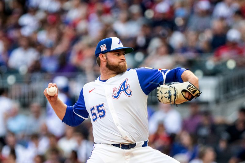 Jul 20, 2024; Cumberland, Georgia, USA;  Atlanta Braves Pitcher Bryce Elder (55) throws against the St. Louis Cardinals during the second inning at Truist Park. Mandatory Credit: Jordan Godfree-USA TODAY Sports