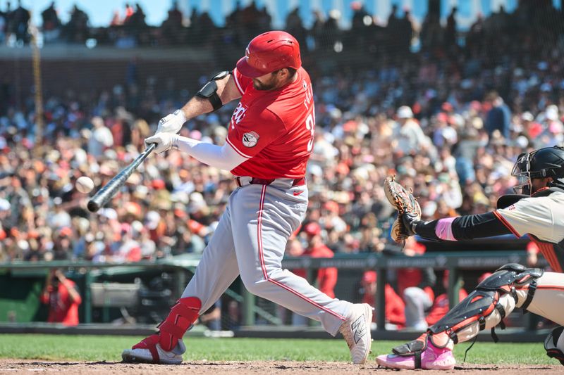 May 12, 2024; San Francisco, California, USA; Cincinnati Reds infielder Mike Ford (38) hits a one run home run against the San Francisco Giants during the eighth inning at Oracle Park. Mandatory Credit: Robert Edwards-USA TODAY Sports