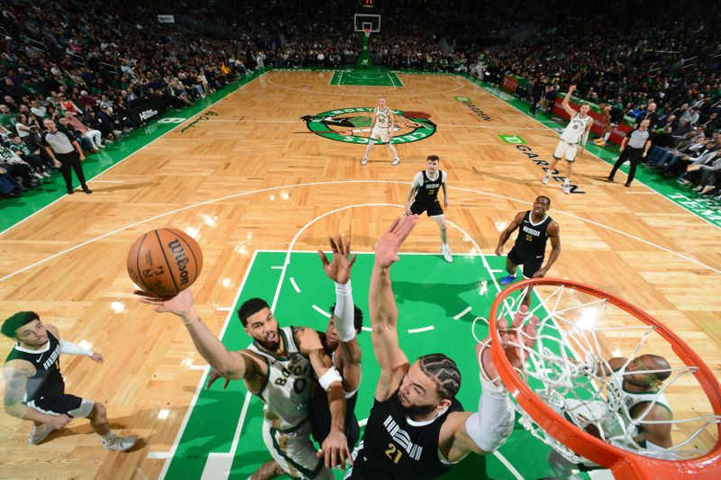 BOSTON, MA - FEBRUARY 4:  Jayson Tatum #0 of the Boston Celtics drives to the basket during the game  against the Memphis Grizzlies on February 4, 2024 at the TD Garden in Boston, Massachusetts. NOTE TO USER: User expressly acknowledges and agrees that, by downloading and or using this photograph, User is consenting to the terms and conditions of the Getty Images License Agreement. Mandatory Copyright Notice: Copyright 2024 NBAE  (Photo by Brian Babineau/NBAE via Getty Images)