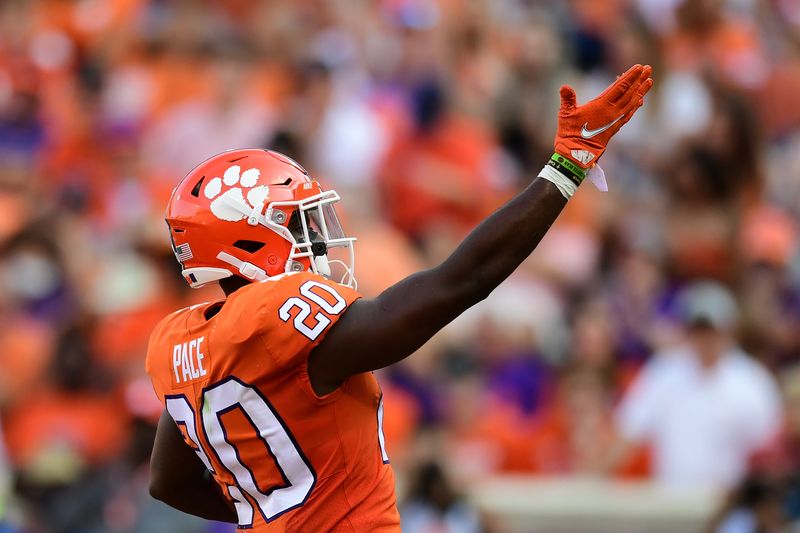 Sep 11, 2021; Clemson, South Carolina, USA; Clemson Tigers running back Kobe Pace (20) celebrates after scoring a touchdown against the South Carolina State Bulldogs during the first quarter at Memorial Stadium. Mandatory Credit: Adam Hagy-USA TODAY Sports