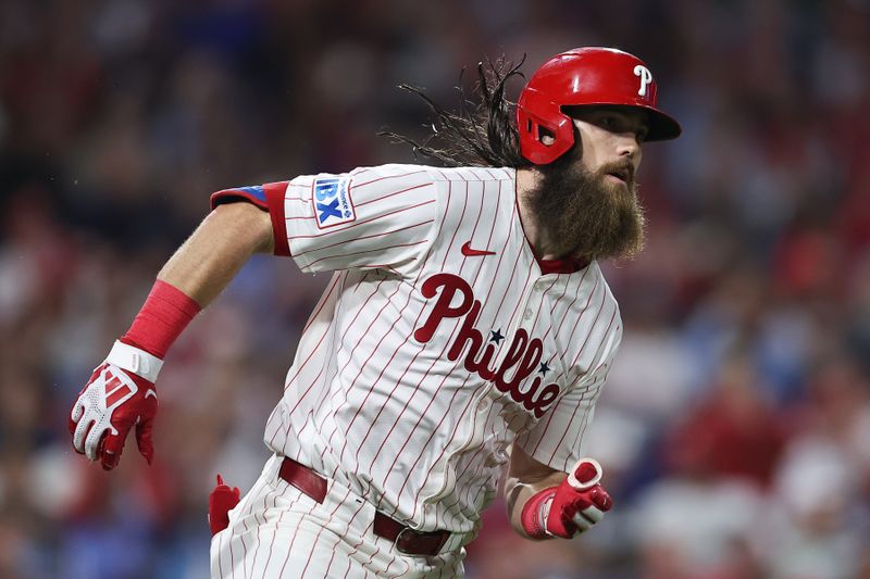 Sep 10, 2025; Philadelphia, Pennsylvania, USA; Philadelphia Phillies outfielder Brandon Marsh (16) runs the bases for a double against the New York Mets during the fifth inning at Citizens Bank Park. Mandatory Credit: Bill Streicher-Imagn Images