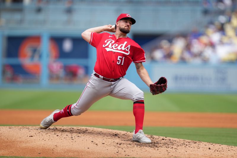 Jul 30, 2023; Los Angeles, California, USA; Cincinnati Reds starting pitcher Graham Ashcraft (51) throws in the third inning against the Los Angeles Dodgers at Dodger Stadium. Mandatory Credit: Kirby Lee-USA TODAY Sports