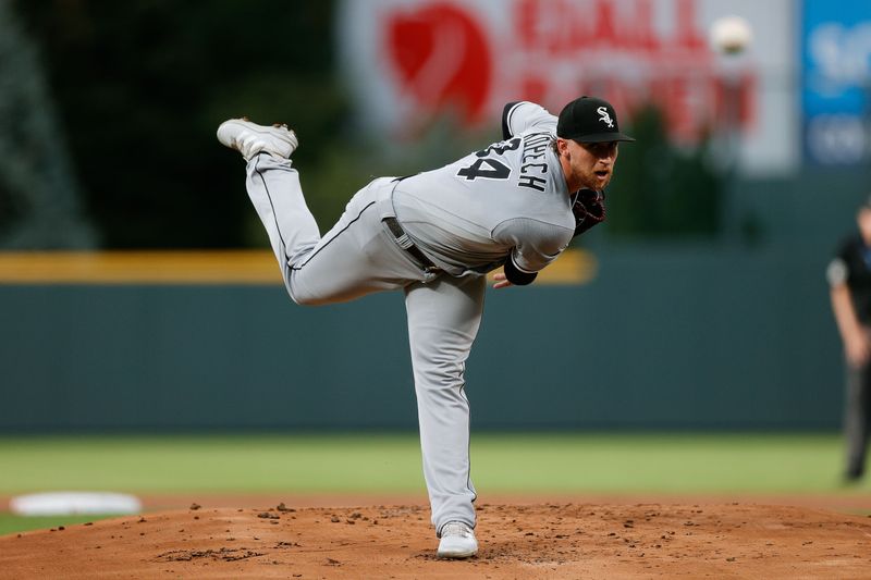 Aug 18, 2023; Denver, Colorado, USA; Chicago White Sox starting pitcher Michael Kopech (34) pitches in the first inning against the Colorado Rockies at Coors Field. Mandatory Credit: Isaiah J. Downing-USA TODAY Sports