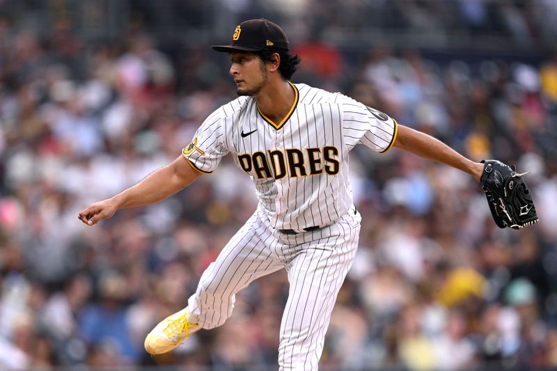 Aug 19, 2023; San Diego, California, USA; San Diego Padres starting pitcher Yu Darvish (11) throws a pitch against the Arizona Diamondbacks during the third inning at Petco Park. Mandatory Credit: Orlando Ramirez-USA TODAY Sports