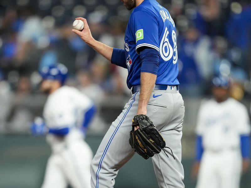 Apr 22, 2024; Kansas City, Missouri, USA; Toronto Blue Jays relief pitcher Jordan Romano (68) reacts after giving up a home run Kansas City Royals outfielder Kyle Isbel (28) during the ninth inning at Kauffman Stadium. Mandatory Credit: Jay Biggerstaff-USA TODAY Sports