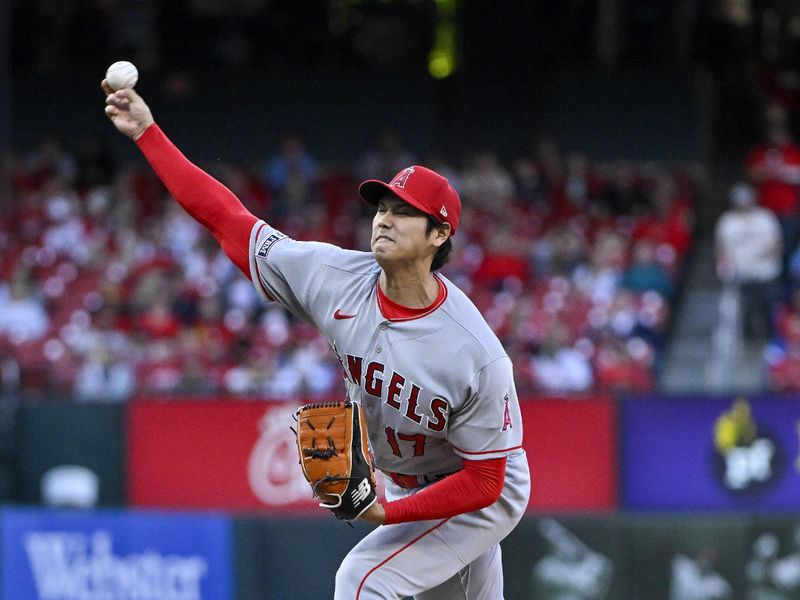 May 3, 2023; St. Louis, Missouri, USA;  Los Angeles Angels starting pitcher Shohei Ohtani (17) pitches against the St. Louis Cardinals during the first inning at Busch Stadium. Mandatory Credit: Jeff Curry-USA TODAY Sports