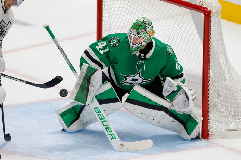 Mar 16, 2024; Dallas, Texas, USA; Dallas Stars goaltender Scott Wedgewood (41) fights off a shot during the first period against the Los Angeles Kings at American Airlines Center. Mandatory Credit: Andrew Dieb-USA TODAY Sports