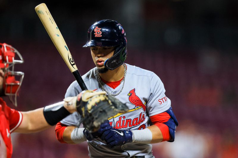 Apr 30, 2025; Cincinnati, Ohio, USA; St. Louis Cardinals shortstop Masyn Winn (0) reacts after a pitch in the ninth inning against the Cincinnati Reds at Great American Ball Park. Mandatory Credit: Katie Stratman-Imagn Images