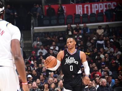 LOS ANGELES, CA - DECEMBER 6: Russell Westbrook #0 of the LA Clippers handles the ball during the game  on December 6, 2023 at Crypto.Com Arena in Los Angeles, California. NOTE TO USER: User expressly acknowledges and agrees that, by downloading and/or using this Photograph, user is consenting to the terms and conditions of the Getty Images License Agreement. Mandatory Copyright Notice: Copyright 2023 NBAE (Photo by Adam Pantozzi/NBAE via Getty Images)