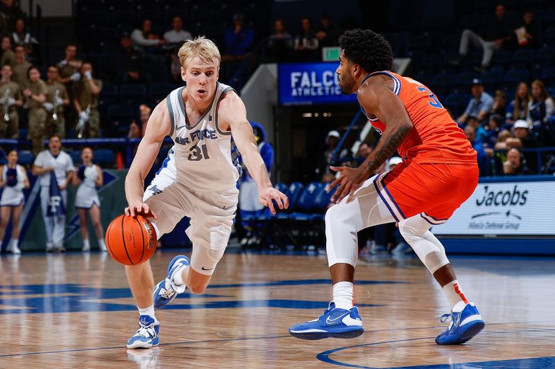 Jan 31, 2023; Colorado Springs, Colorado, USA; Air Force Falcons forward Rytis Petraitis (31) drives to the net against Boise State Broncos guard Kobe Young (3) in the second half at Clune Arena. Mandatory Credit: Isaiah J. Downing-USA TODAY Sports