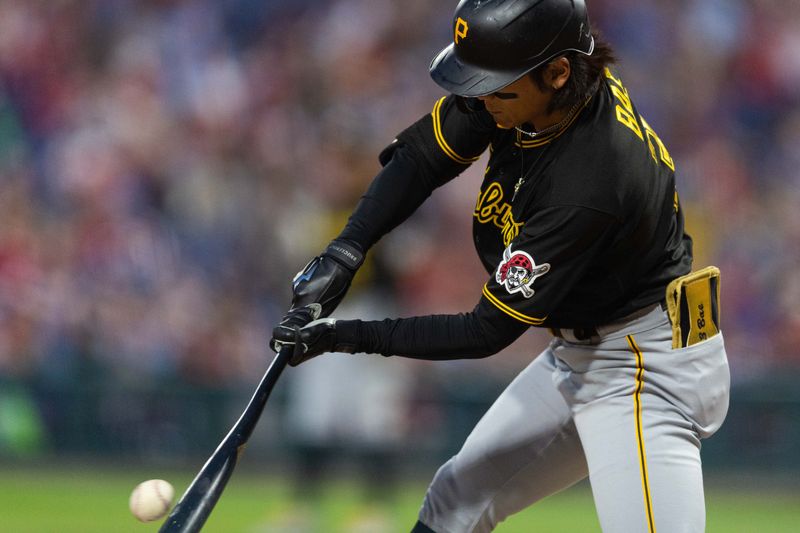 Sep 28, 2023; Philadelphia, Pennsylvania, USA; Pittsburgh Pirates second baseman Ji Hwan Bae (3) hits a single during the third inning against the Philadelphia Phillies at Citizens Bank Park. Mandatory Credit: Bill Streicher-USA TODAY Sports