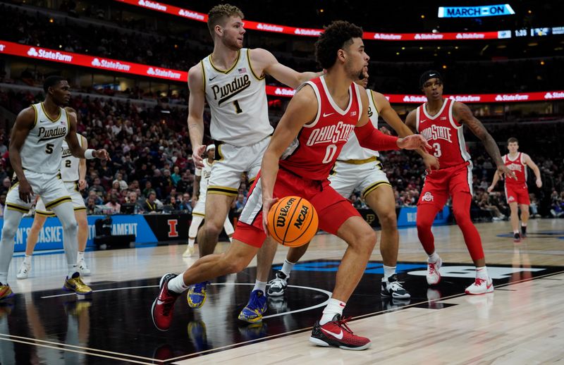 Mar 11, 2023; Chicago, IL, USA; Purdue Boilermakers guard Braden Smith (3) defends Ohio State Buckeyes guard Tanner Holden (0) during the second half at United Center. Mandatory Credit: David Banks-USA TODAY Sports