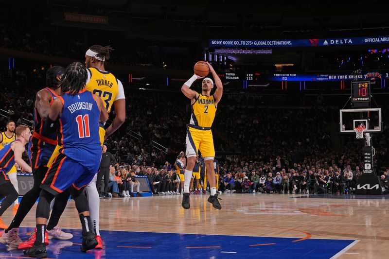 NEW YORK, NY - FEBRUARY 10: Andrew Nembhard #2 of the Indiana Pacers shoots the ball during the game against the New York Knicks on February 10, 2024 at Madison Square Garden in New York City, New York.  NOTE TO USER: User expressly acknowledges and agrees that, by downloading and or using this photograph, User is consenting to the terms and conditions of the Getty Images License Agreement. Mandatory Copyright Notice: Copyright 2024 NBAE  (Photo by Jesse D. Garrabrant/NBAE via Getty Images)