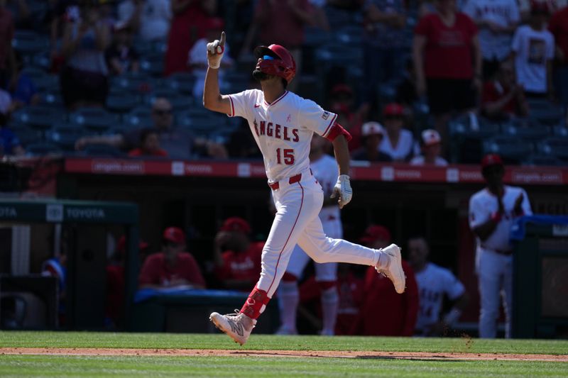 May 11, 2025; Anaheim, California, USA; Los Angeles Angels left fielder Matthew Lugo (15) celebrates after hitting a home run in the ninth inning against the Baltimore Orioles at Angel Stadium. Mandatory Credit: Kirby Lee-Imagn Images