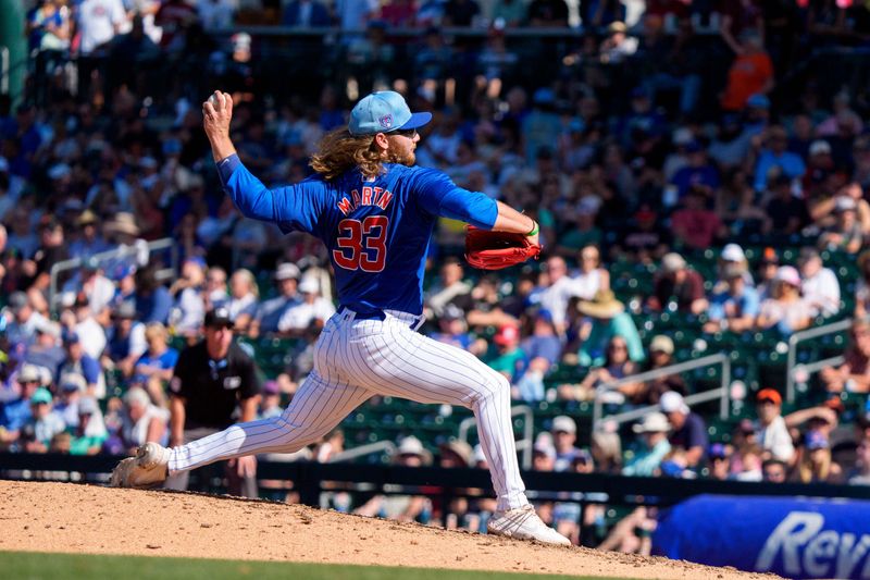 Mar 22, 2024; Mesa, Arizona, USA; Chicago Cubs pitcher Riley Martin (33) throws on the sixth inning during a spring training game against the San Francisco Giants at Sloan Park. Mandatory Credit: Allan Henry-USA TODAY Sports