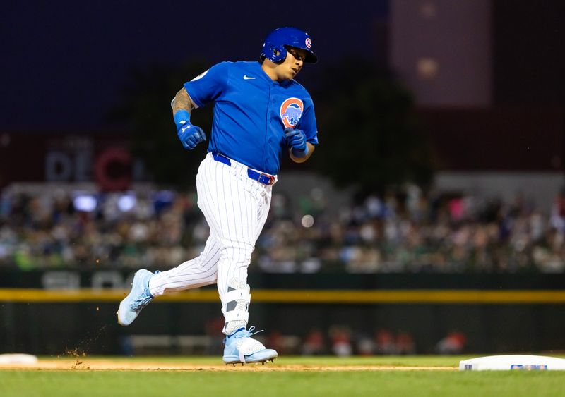 Mar 17, 2026; Mesa, Arizona, USA; Chicago Cubs designated hitter Moises Ballesteros rounds the bases after hitting a home run against the Los Angeles Angels during a spring training game at Sloan Park. Mandatory Credit: Mark J. Rebilas-Imagn Images