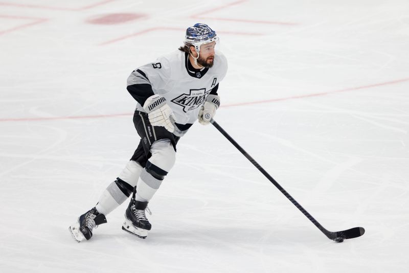 Mar 16, 2024; Dallas, Texas, USA; Los Angeles Kings center Alex Turcotte (38) skates with the puck during the first period against the Dallas Stars at American Airlines Center. Mandatory Credit: Andrew Dieb-USA TODAY Sports